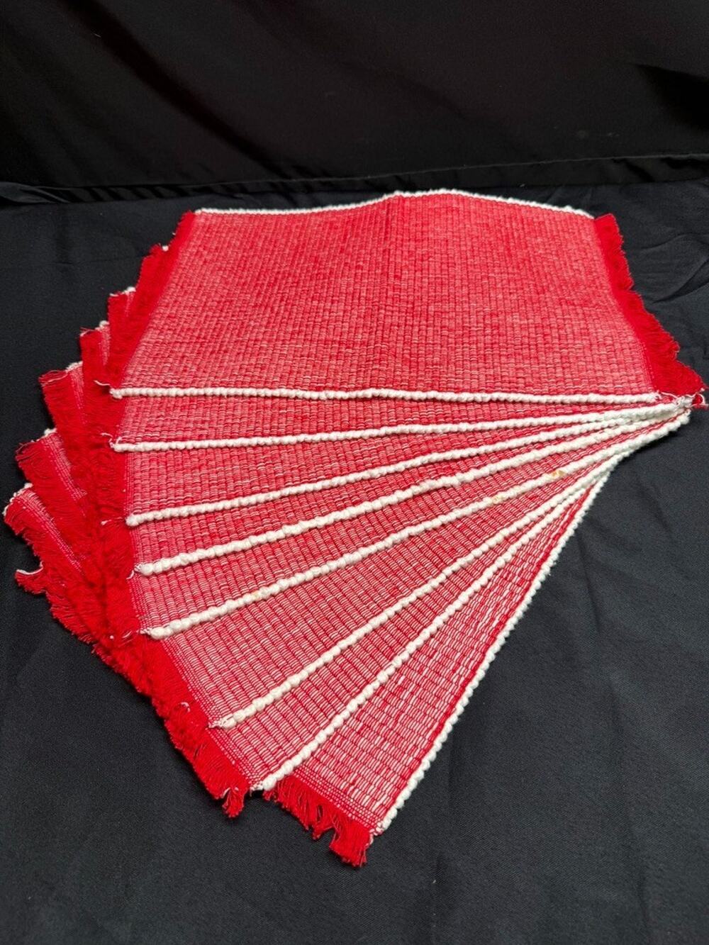 Set of 8 Red White Vermont Woven Placemats Fringe New Vintage Country 12" x 18"